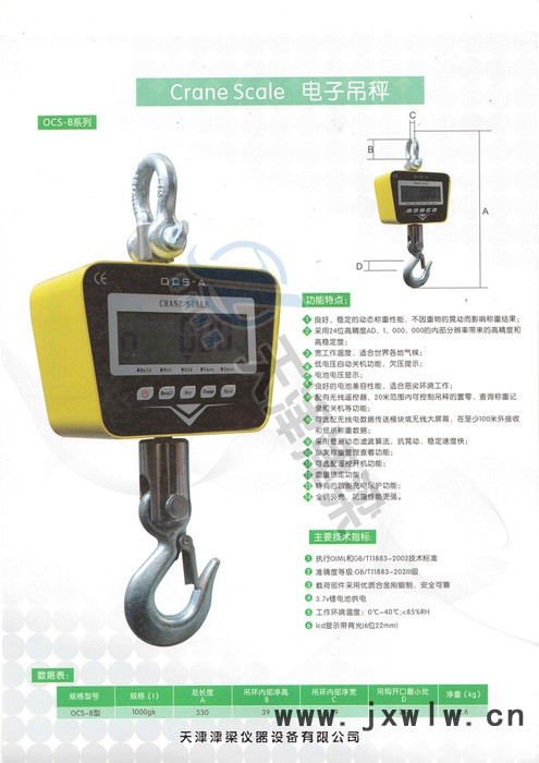 OCS-A小吊秤/1t吊秤500kg/吊秤300kg小量程吊磅/小型吊秤 天津津梁衡器